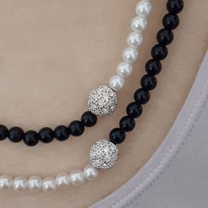 Long black white faux beaded pearls 46" rhinestone accents